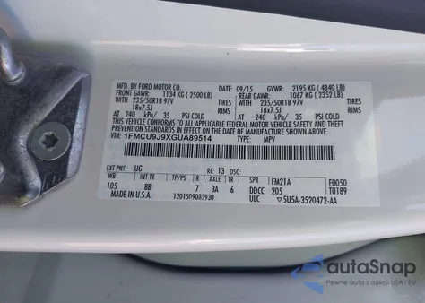 2016 Ford Escape Titanium from USA, damaged, VIN 1FMCU9J9XGUA89514